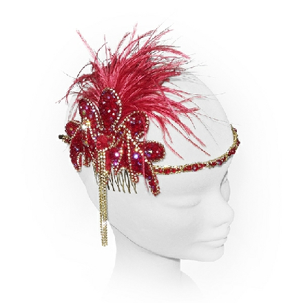 Red Gatsby inspired headpiece ideal for parties; with feathers and crystals.